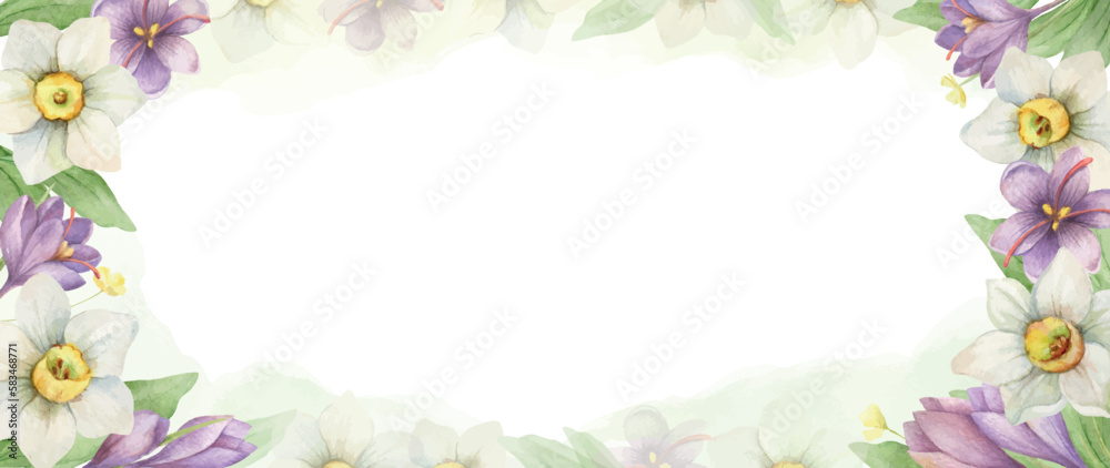 Watercolor vector floral banner with flowers, branches and .leaves.