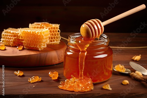 Jar of honey with honeycomb next to it on table. Generative AI