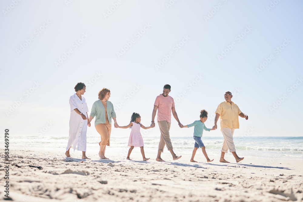 Happy family walking on beach holding hands with children for love, bonding and quality time together. Relax, smile and kids with mom, dad and grandparents on holiday, summer vacation and weekend