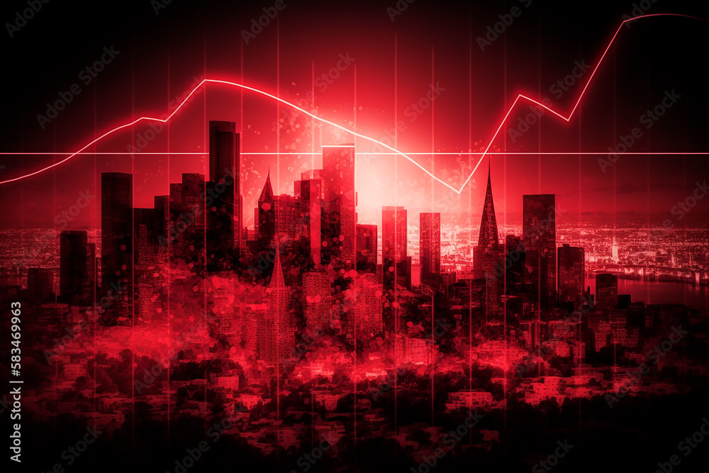 The concept of economic crisis and digital indicators are superimposed on the backdrop of a ruined city with a bank, a chart of market decline. Generative AI.