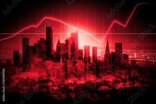 The concept of economic crisis and digital indicators are superimposed on the backdrop of a ruined city with a bank  a chart of market decline. Generative AI.