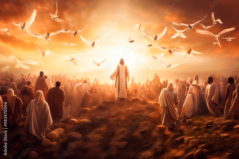 Fototapeta premium On Pentecost the Holy Spirit will descend on them. A lot of people have gathered together. Generative AI