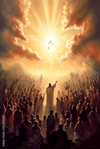 On Pentecost the Holy Spirit will descend on them. A lot of people have gathered together. Generative AI
