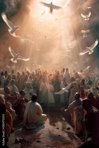 On Pentecost the Holy Spirit will descend on them. A lot of people have gathered together. Generative AI