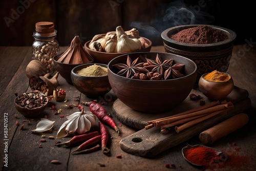 Oriental spices on a wooden table, generative AI