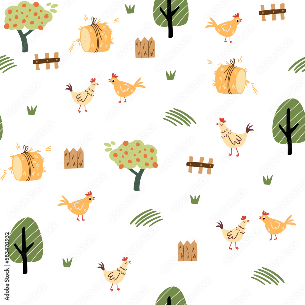 Farm seamless pattern. Chickens, trees, haystack and fences. Domestic animals. Perfect for wrapping paper, fabric, textile, wallpaper, home decor. Flat vector illustration