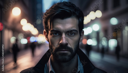 Portrait of a fictional man with dark hair and a beard in the city on a winters night.