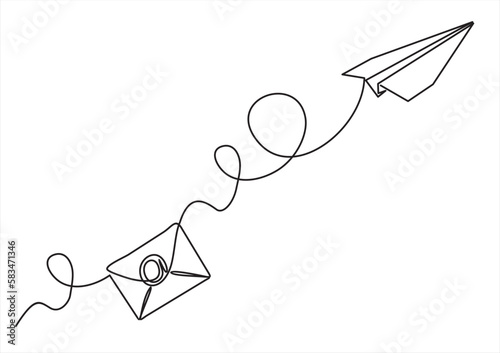 continuous one line drawing of 
Email message post letter send illustration sketch outline drawing.One line paper plane and envelope.  