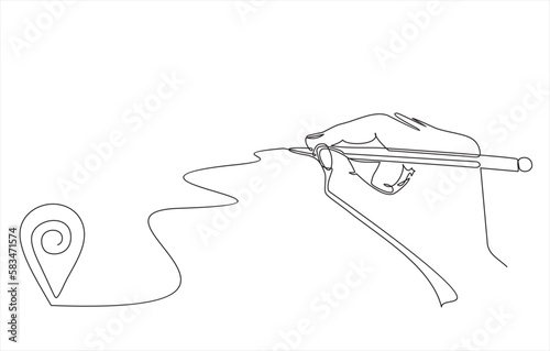 Writing hand with pointing location at map one line art,hand drawn way destination continuous contour,trendy template direction with palm holding pen, gps navigation concept.