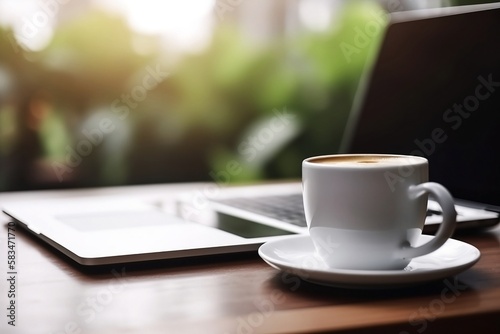 Online Business with Laptop on Table and Blurred Background of White Coffee Cup Closeup