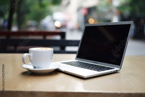 Online Business with Laptop on Table and Blurred Background of White Coffee Cup Closeup