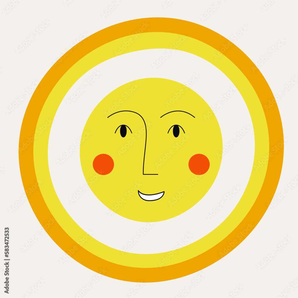 Fototapeta premium Smiling sun, abstract personage, mascot design, funny face, cute icon.