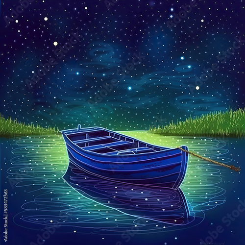 Boat on the Lake of the starry night. Illustration AI Generative.