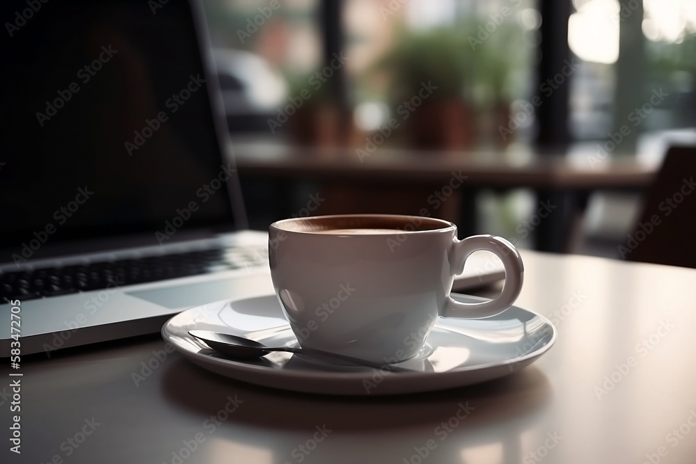 Online Business with Laptop on Table and Blurred Background of White Coffee Cup Closeup