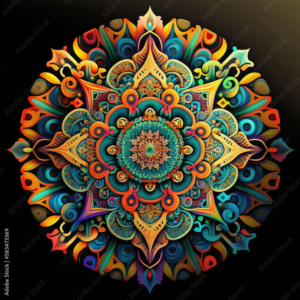 Colorful mandala on black. Generative AI Colorful mandala on black. Generative AI