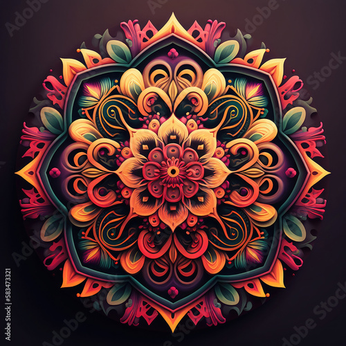 Decorated mandala pattern isolated on a dark background. Generative AI