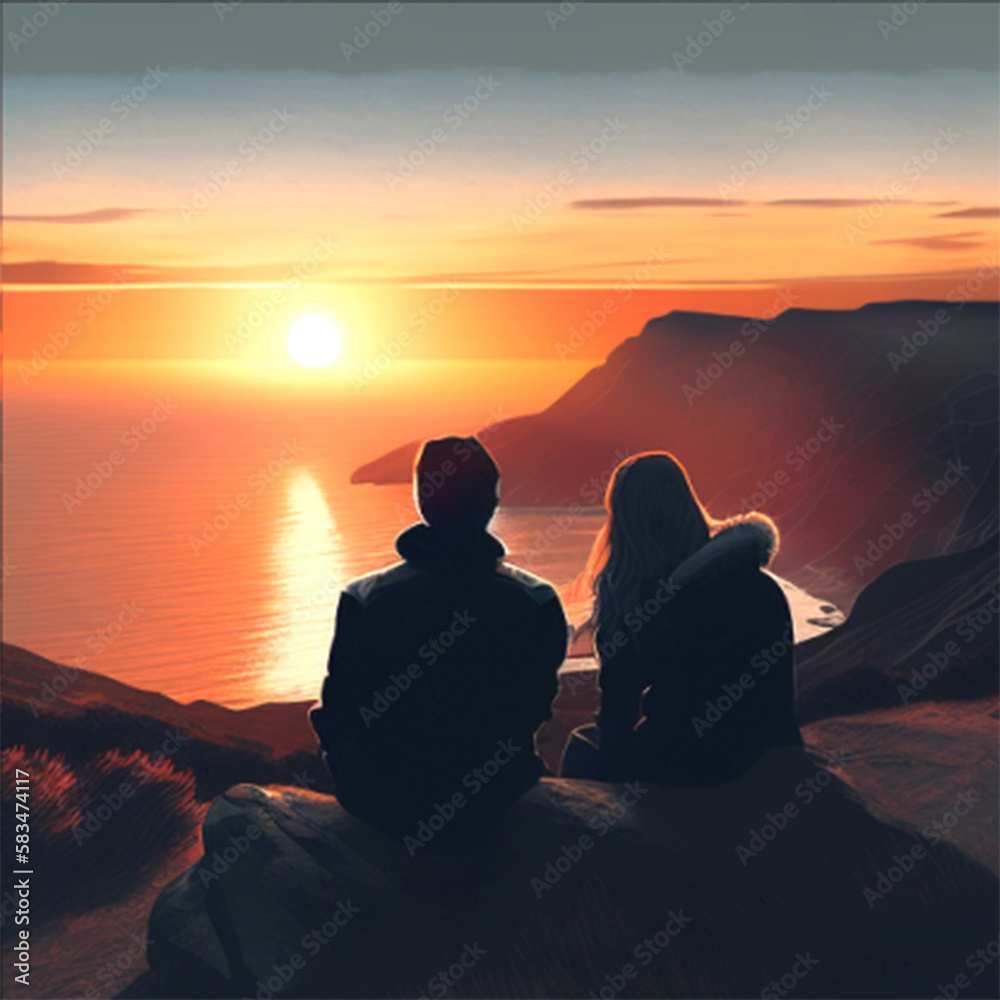 Image d'illustration d'un couple en bord de mer au coucher de soleil