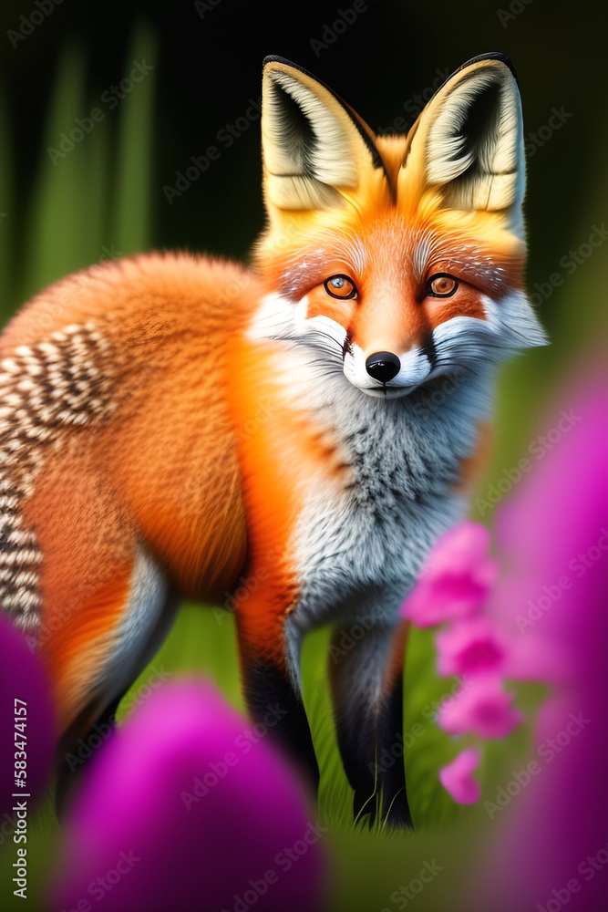 Image d'illustration d'un renard roux dans une prairie fleurie Image d'illustration d'un renard roux dans une prairie fleurie