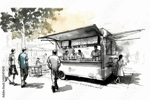 People near the street food stall. Illustration created with Generative AI technology.