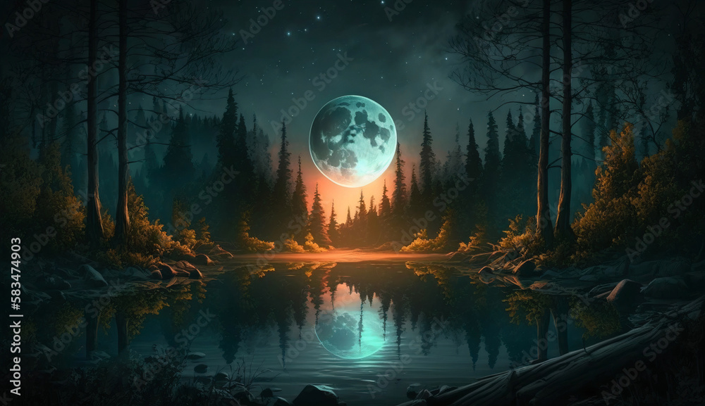 Peaceful forest with a magnificent full moon