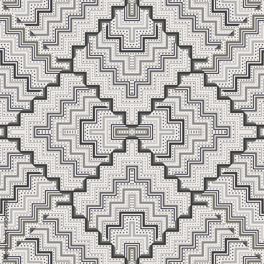 Fototapeta premium Monochrome chevron zig zag pattern with dots and stripes