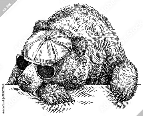 Vintage engrave isolated black bear set dressed fashion illustration ink costume sunglasses sketch. American grizzly background asian animal silhouette glasses hipster hat vector art