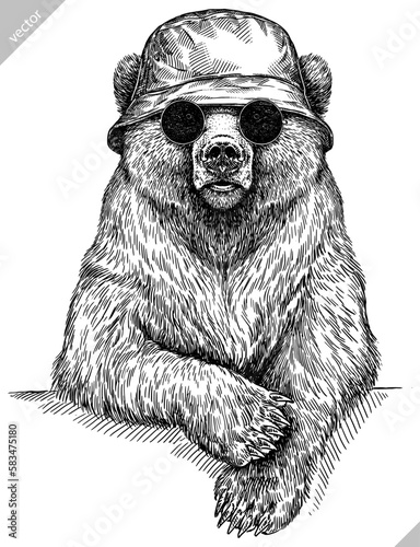 Vintage engrave isolated black bear set dressed fashion illustration ink costume sunglasses sketch. American grizzly background asian animal silhouette glasses hipster hat vector art