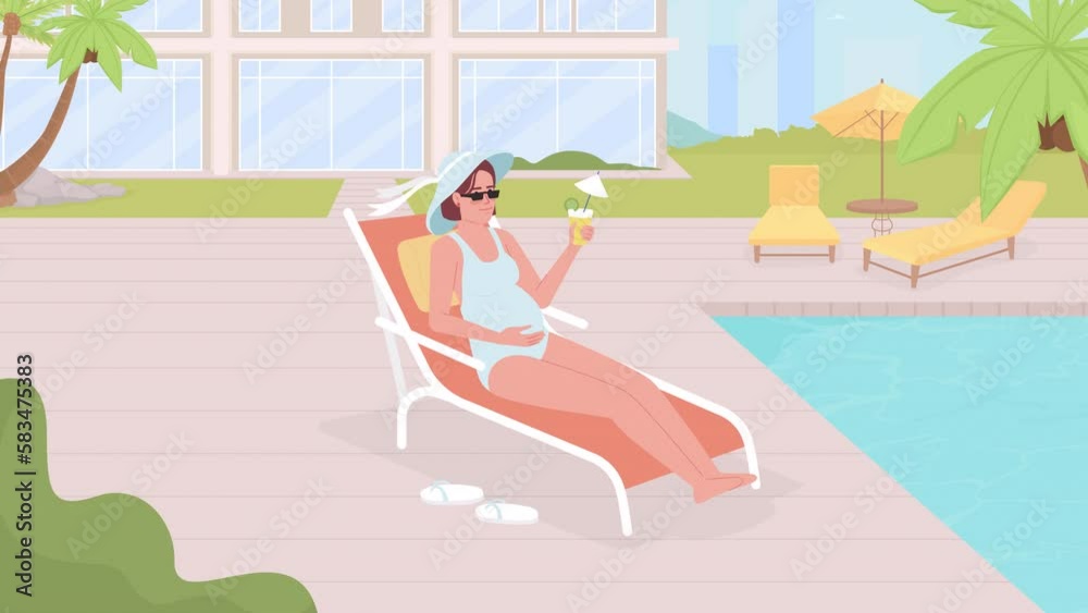 Animated babymoon getaway. Resting in all inclusive hotel. Tropical destination. Flat color 2D cartoon character animation with swimming pool on background. 4K video footage with alpha channel