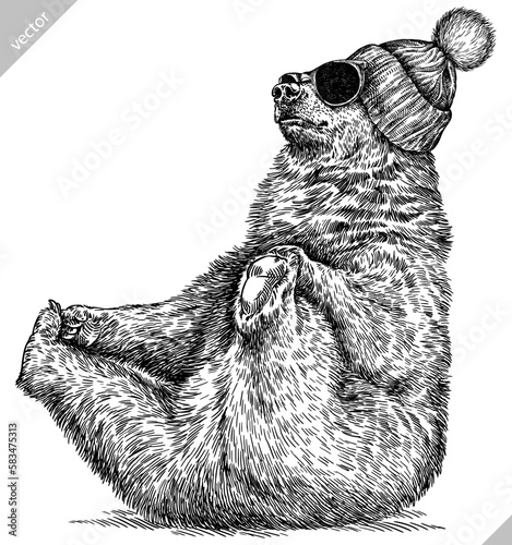Vintage engrave isolated black bear set dressed fashion illustration ink costume sunglasses sketch. American grizzly background asian animal silhouette glasses hipster hat vector art