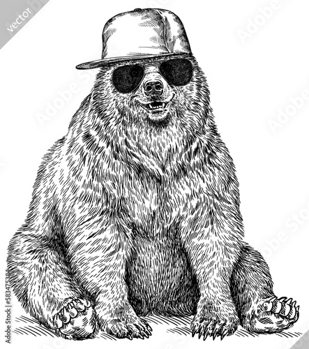 Vintage engrave isolated black bear set dressed fashion illustration ink costume sunglasses sketch. American grizzly background asian animal silhouette glasses hipster hat vector art
