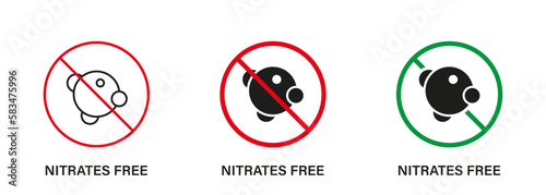Nitrates Free Silhouette and Line Icon Set. Nitrites in Food Ingredient Stop Sign. Nitrate Forbidden Symbol. Nutrition Control Certified Badge. Guarantee Non Nitrite. Isolated Vector Illustration