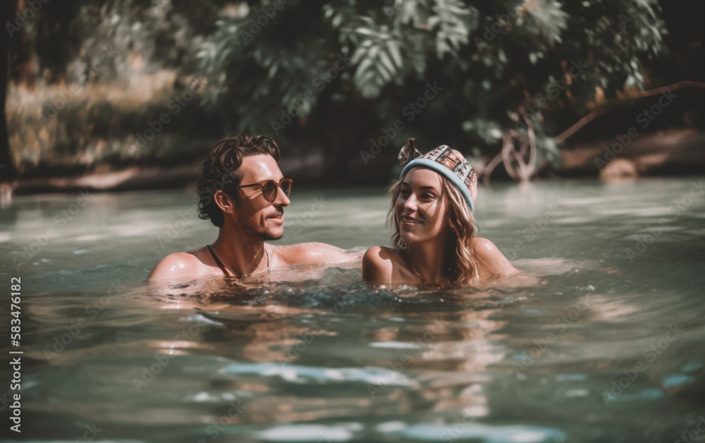 Couple in love swimming by a tropical beach in clear blue water during a romantic vacation. Shallow field of view. Illustrative generative AI. Not real people. Couple in love swimming by a tropical beach in clear blue water during a romantic vacation. Shallow field of view. Illustrative generative AI. Not real people.