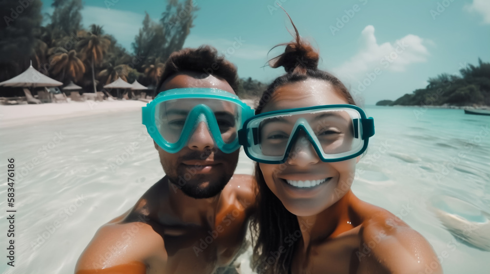 Beautiful young couple Snorkeling in warm tropical clear water during a holiday. Shallow field of view. Illustrative Generative Ai. Not real people.