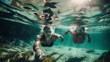 Beautiful young couple Snorkeling in warm tropical clear water during a holiday. underwater image. Shallow field of view. Illustrative Generative Ai. Not real people.