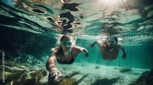 Beautiful young couple Snorkeling in warm tropical clear water during a holiday. underwater image. Shallow field of view. Illustrative Generative Ai. Not real people.