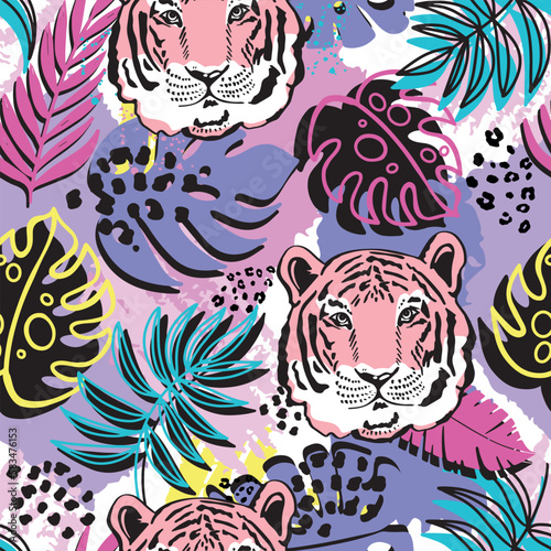 Abstract Bright  Tropic leavesand tiger  seamless  Vector pattern . Tropical exotic summer pattern with funny hand drawn elements. print for T-shirts, textiles, wrapping paper, web.  photo