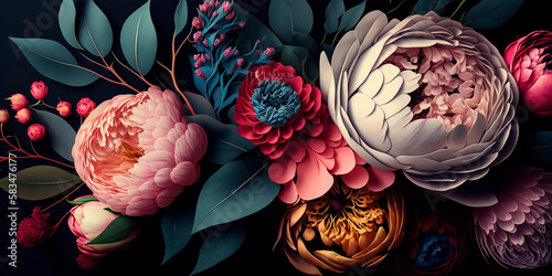 Repeating pattern set peony flowers multicolored, on black background, banner with space for text, floral arrangement holiday wedding concept. Generative AI.