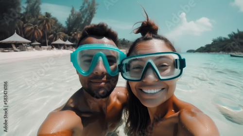 Beautiful young couple Snorkeling in warm tropical clear water during a holiday. Shallow field of view. Illustrative Generative Ai. Not real people.