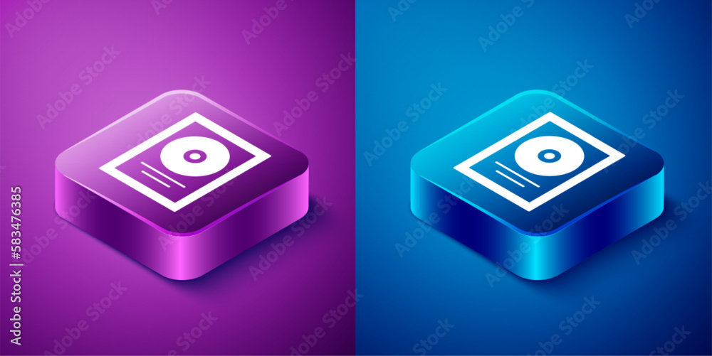 Isometric CD disk award in frame icon isolated on blue and purple background. Modern ceremony. Best seller. Musical trophy. Square button. Vector