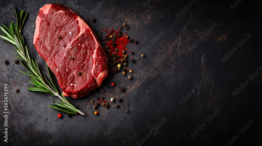 Raw Bavette steak with pepper, seasoning and green rosemary on blackboard. Generative AI