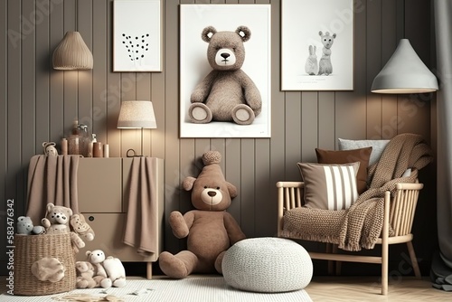 interior decor of a Scandinavian children's room with teddy bear, generative AI