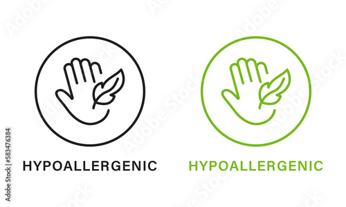 Hypoallergenic Safe Product Line Green and Black Icon Set. Hypo Allergenic Cosmetic for Sensitive Skin Hygiene Outline Pictogram. Allergen Free, Hand and Feather Symbol. Isolated Vector Illustration