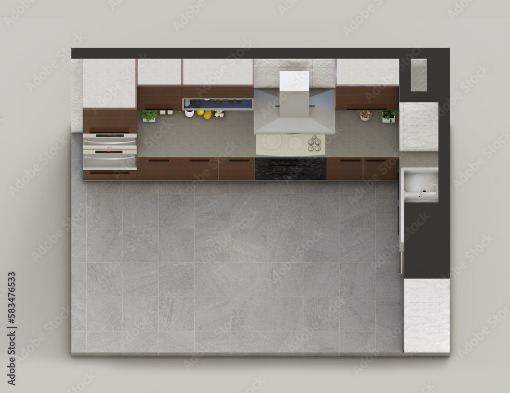 Photo & Art Print Isometric kitchen with brown cabinets 3d model, shawlin