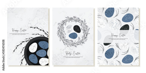 Easter card with Easter eggs, wreath, with a sprig of willow on marble background. Vector template for printing cards