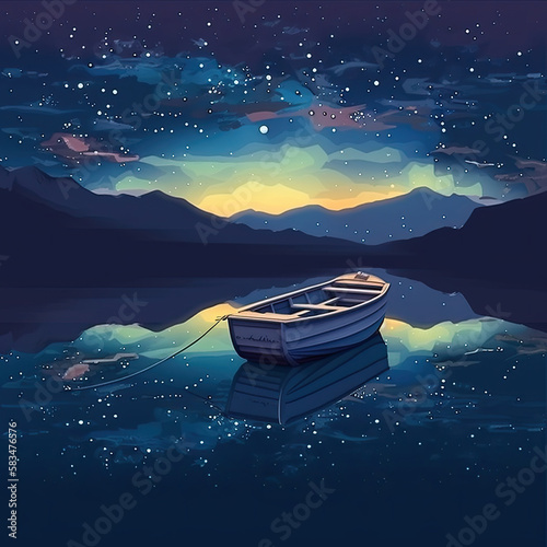 Boat on the Lake of the starry night. Illustration AI Generative.
