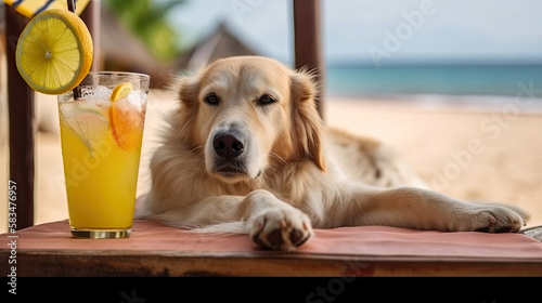 Cute dog with summer cocktail. Illustration AI Generative.