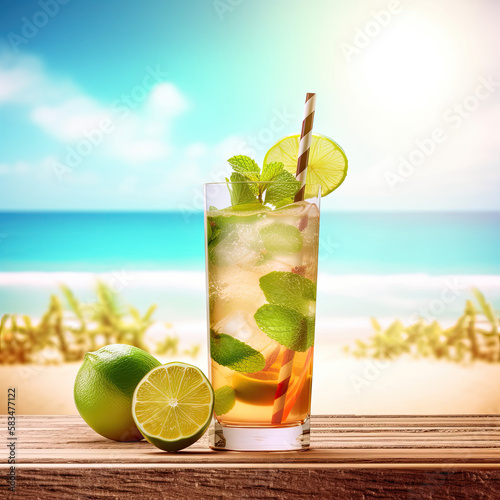 Summer background with cocktail. Illustration AI Generative