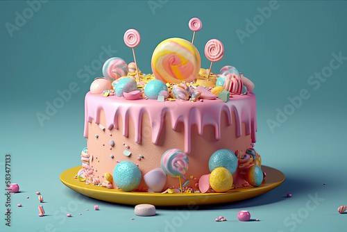 Birthday Party Cake. Illustration AI Generative