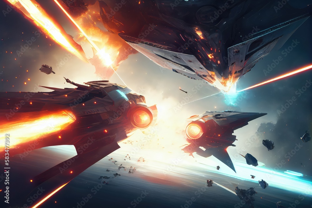 battle between two spaceships, with laser beams and explosions piercing ...