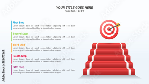 Stairway to Success Infographic Presentation Template with Five Steps on a 16:9 Ratio with a 3D Isometric Bullseye or Target Board and Arrows for Business Goals, Business Reports, and Website Design.